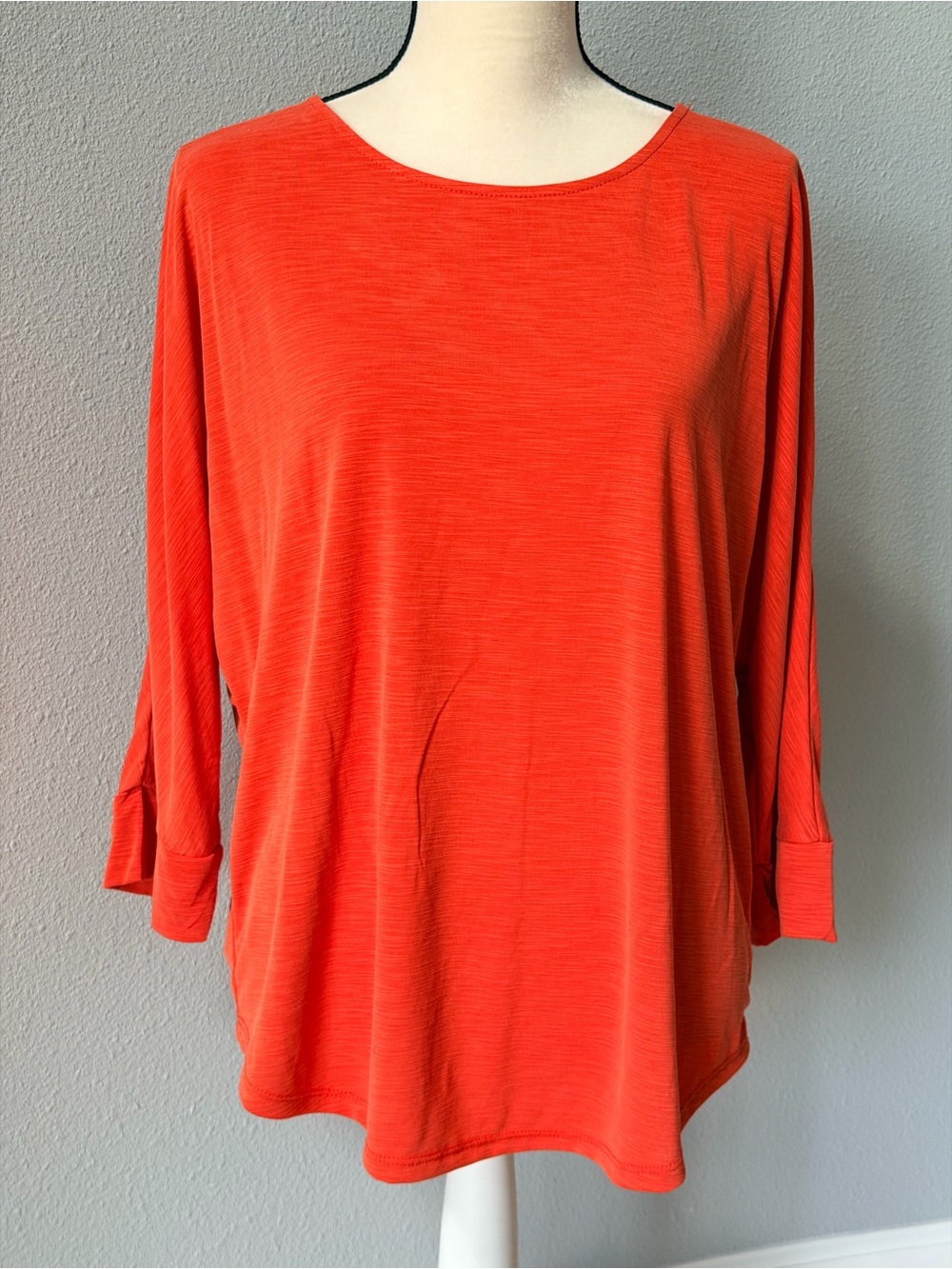 Green Envelope Orange Red Dolman Sleeve Top XL Scoop Neck Curved Hem Modal Knit